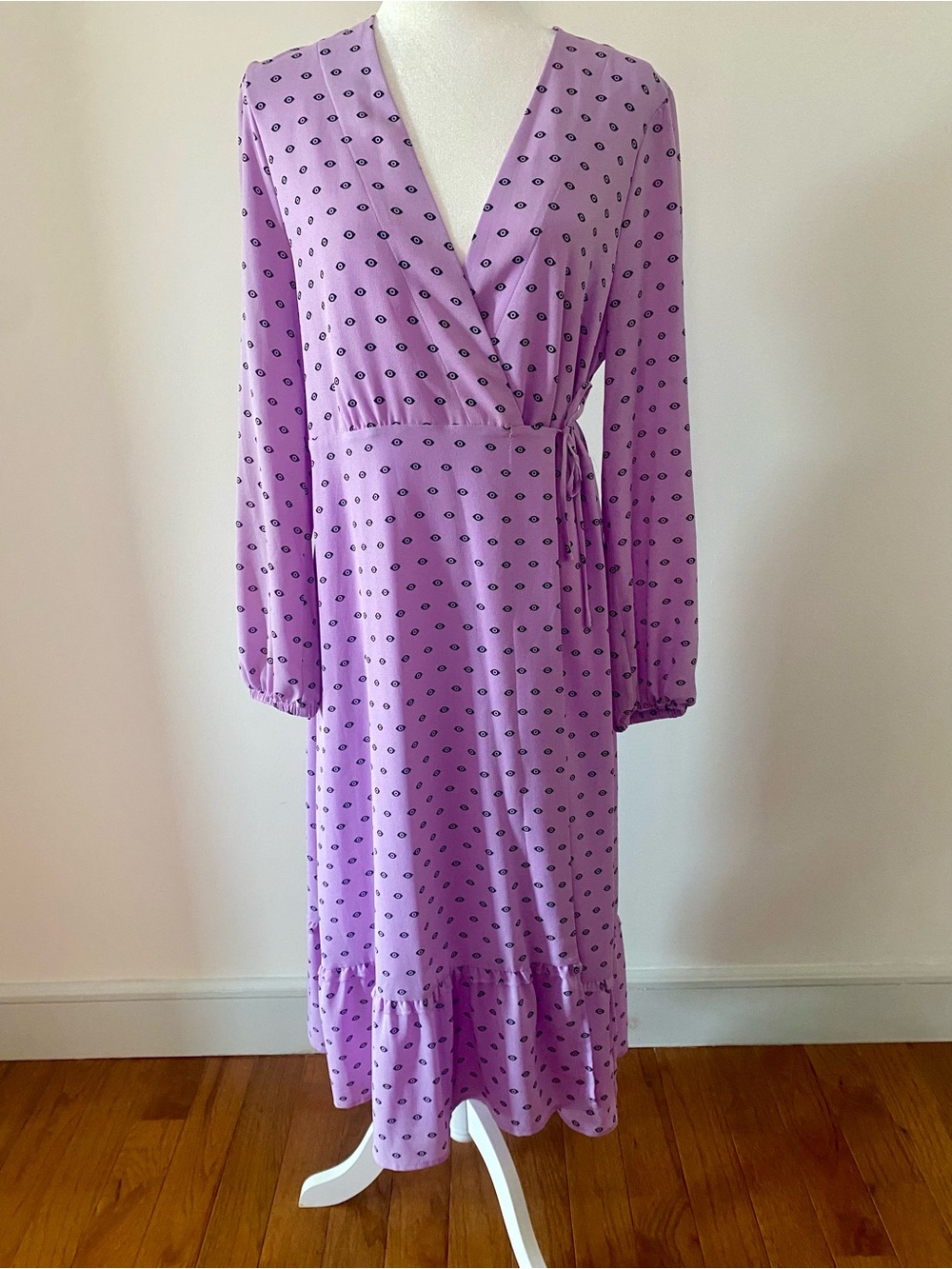 Veda x UO Lavender Eye Print Wrap Midi Dress Ruffle Hem Long Sleeve Boho M